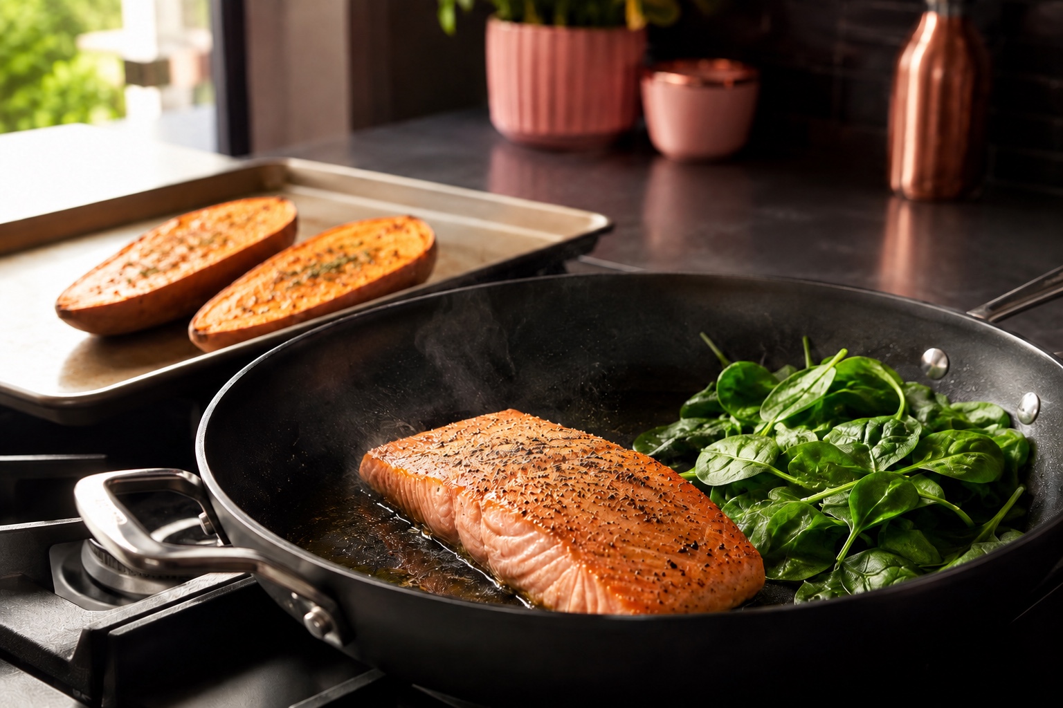 Cooking salmon and spinach at home